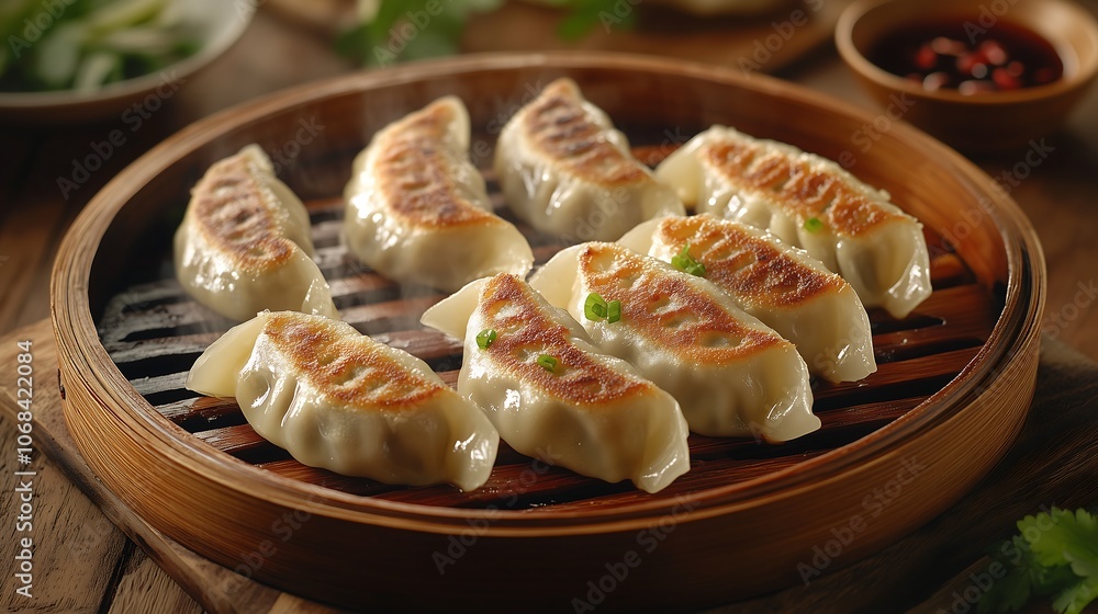Close-up of freshly steamed gyoza on a traditional wooden tray, with steam rising from each gyoza, creating a warm and inviting atmosphere. The gyoza have slightly golden yellow edges. Close-up of freshly steamed gyoza on a traditional wooden tray, with steam rising from each gyoza, creating a warm and inviting atmosphere. The gyoza have slightly golden yellow edges.