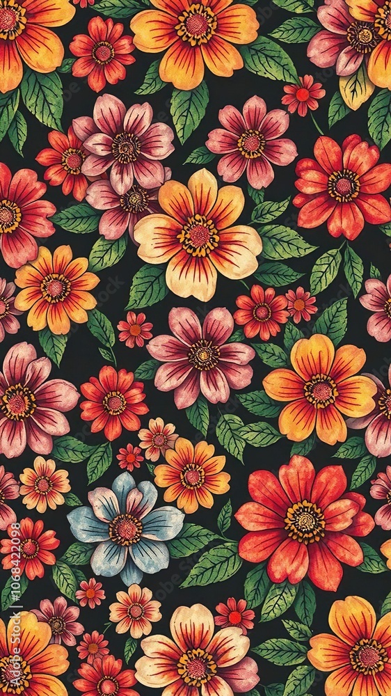 Seamless retro flower pattern with vibrant colors and intricate design, retro Seamless retro flower pattern with vibrant colors and intricate design, retro