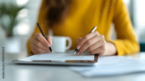 Female professional reviewing insurance policy or financial information on digital tablet device with cup of coffee and documents on desk in modern home office or workspace setting