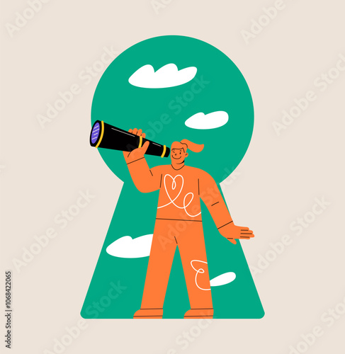 Woman using a telescope to see the distance. Vision concept. Colorful vector illustration