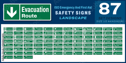 87 set iso emergency and first aid safety signs v78_evacuation route_landscape size 1/2 a4,a3,a2,a1	
