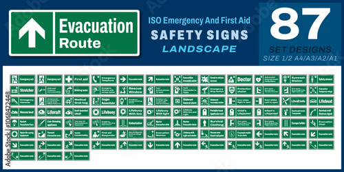 87 set iso emergency and first aid safety signs v79_landscape size 1/2 a4,a3,a2,a1	
