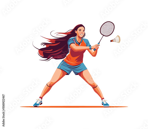 Vibrant Female Badminton Player - Dynamic Sports Illustration in Flat Vector Style