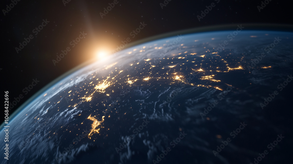 Obraz premium Earth viewed from space at night, with continents outlined by clusters of bright dots showing data center locations connected by light trails