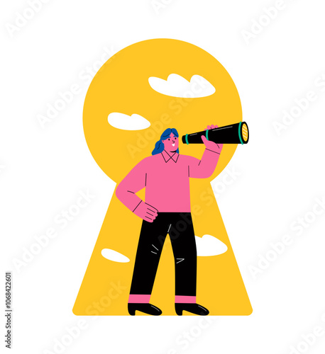 Business woman using a telescope to see the distance. Vision concept. Flat vector illustration isolated on white background