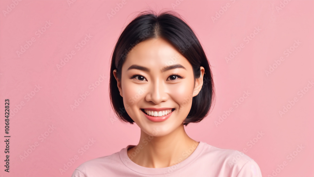 Beautiful attractive smile young adult asian woman in confidence smiling posed looking at the camera isolated pink background center composition Beautiful attractive smile young adult asian woman in confidence smiling posed looking at the camera isolated pink background center composition