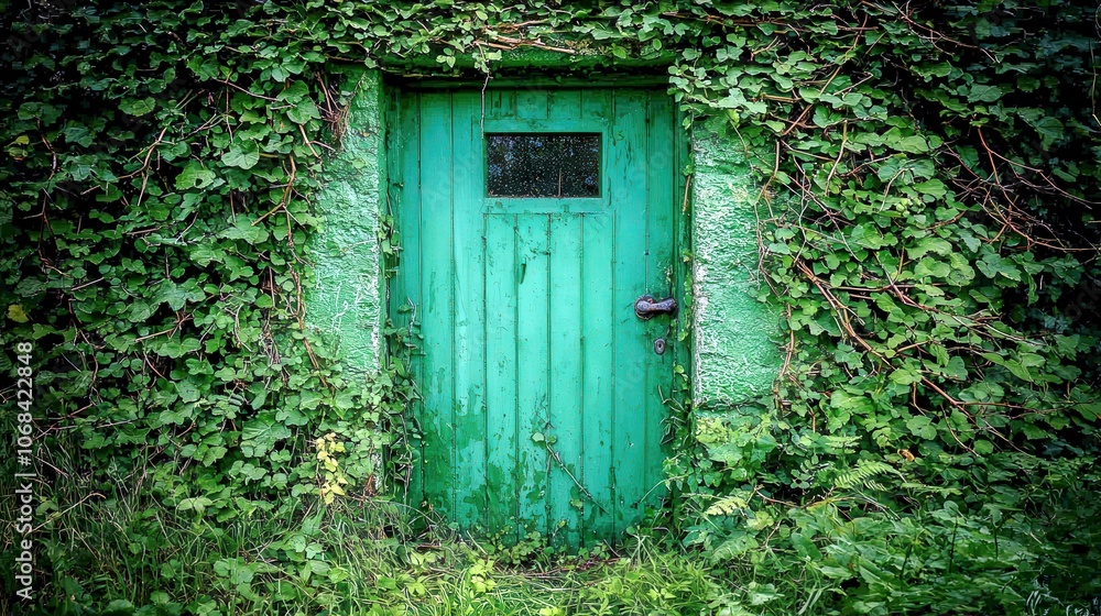 Green Door Surrounded by Lush Greenery and Vines Green Door Surrounded by Lush Greenery and Vines