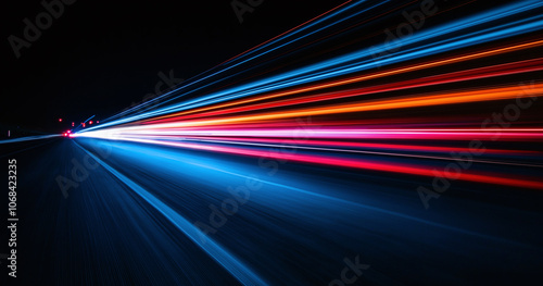 Speed of Light: Abstract streaks of vibrant red, orange, and blue light trails blur across a dark highway, symbolizing rapid movement, velocity, and technological advancement.