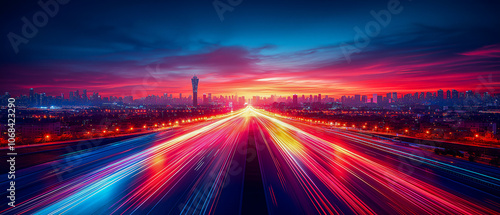 City Lights at Night: A vibrant, high-speed perspective of a cityscape at night, captured with a captivating light trail effect. photo