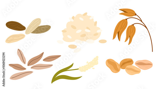 Cereal grain piles. Agricultural production, food or rustic natural plant, product crop heaps with scattered seeds of wheat, rye, oat. Cartoon Vector Illustration isolated on white background.