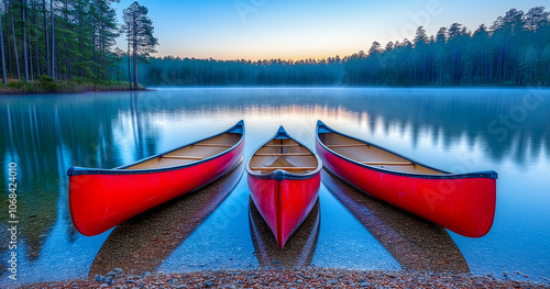 Tranquil Dawn: Three red canoes rest serenely on a still lake, mirroring the beauty of a misty morning. The serene scene evokes a sense of tranquility and the promise of adventure.  photo