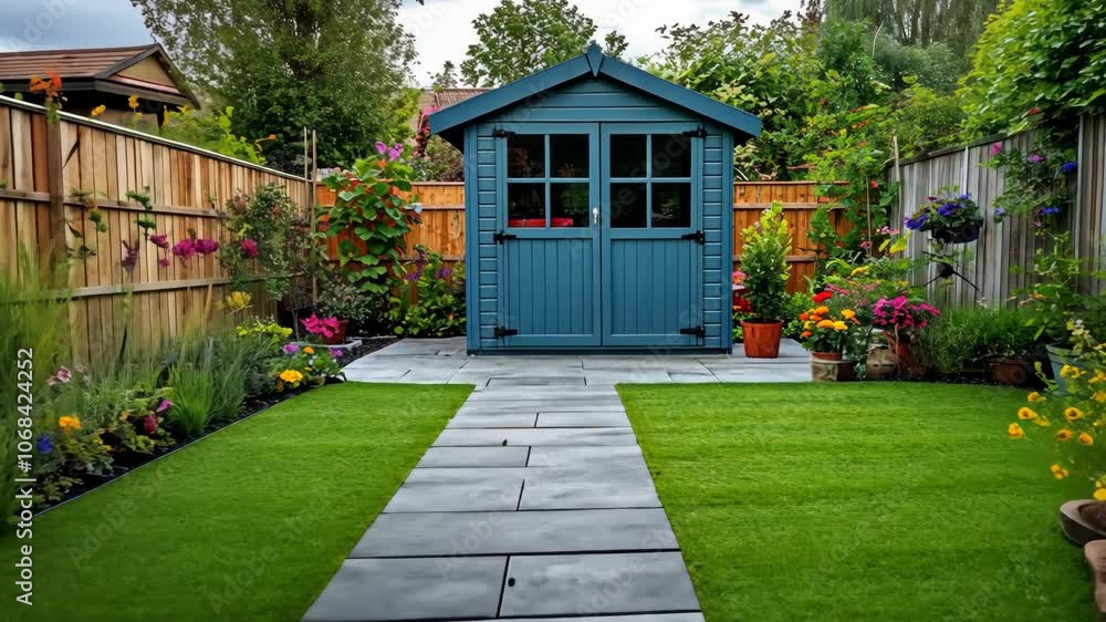 A blue shed sits in the middle of a backyard with a stone path leading to it A blue shed sits in the middle of a backyard with a stone path leading to it