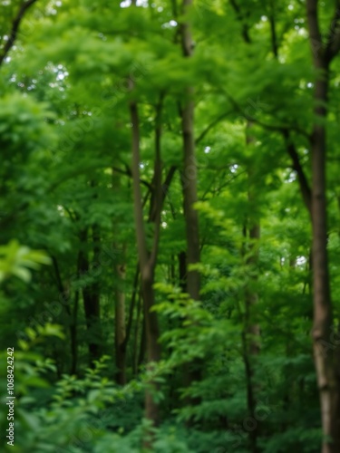 Soft focus background of lush green trees and foliage in a forest setting, beauty