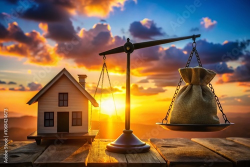 Silhouette of a House and Money Bag on Scales Representing Real Estate Transactions, Tax Implications, and Property Value Appraisal in a Dynamic Housing Market