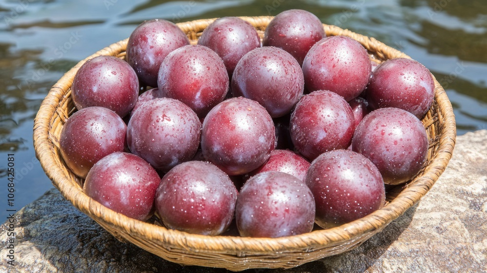 A basket filled with fresh, ripe plums resting by a body of water. A basket filled with fresh, ripe plums resting by a body of water.