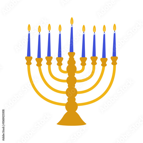 Menorah in flat style.  Jewish symbol of Hanukkah. Candlestick with 9 candles. Vector on a white background