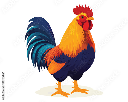 Detailed and Colorful Rooster Illustration in Flat Style for Farm Animal Art