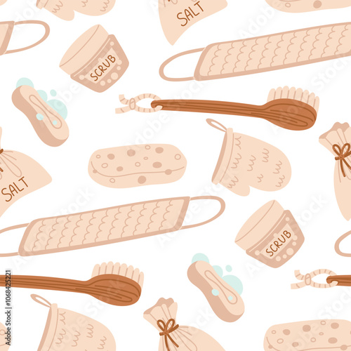 A pattern of a washcloth with wooden handles, gloves, scrub, salt, sponge. Personal hygiene products. Texture with a flat color illustration on a white, for advertising, store catalog, decorative