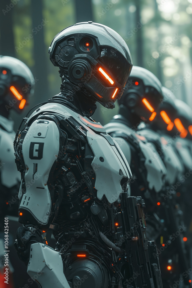 A group of robots standing next to each other in a line A group of robots standing next to each other in a line
