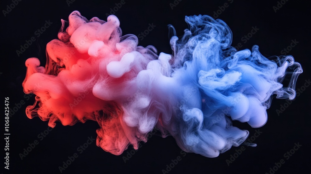 Abstract red, white, and blue ink cloud on a black background. Abstract red, white, and blue ink cloud on a black background.