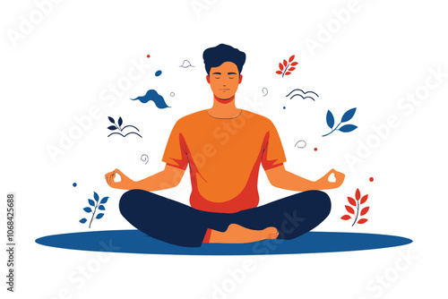 Flat Illustration of a Man Practicing Meditation Surrounded by Nature Elements