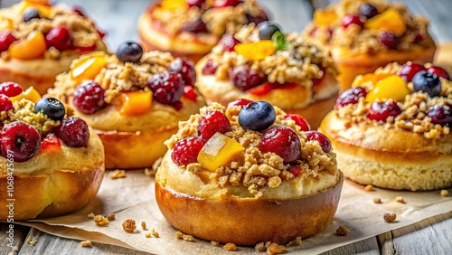 Wallpaper Mural Deliciously baked buns topped with fresh fruits and a crisp crumble, all elegantly presented on white baking paper for a delightful treat. Torontodigital.ca