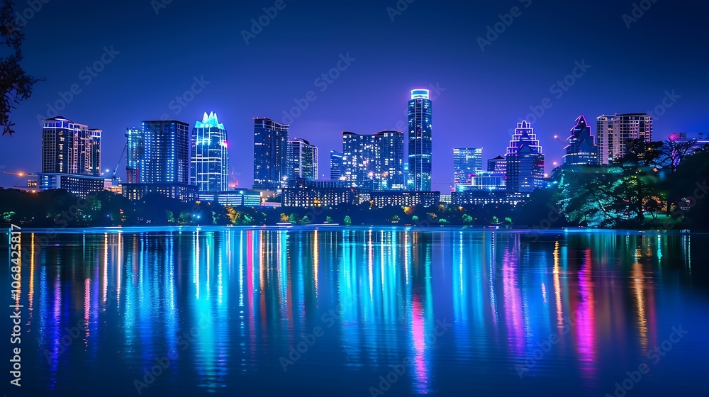 Fototapeta premium City lights reflecting off of a lake at night. The city is in the background and is out of focus.