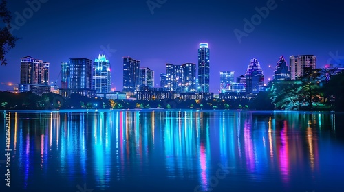 City lights reflecting off of a lake at night. The city is in the background and is out of focus.