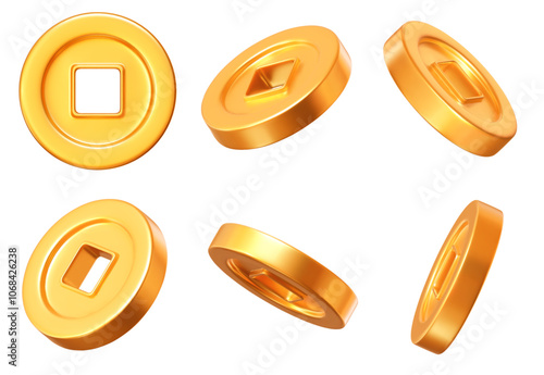 3d set of Ancient old gold coins of China, with square hole. Design element for Chinese New Year. Stock vector illustration on isolated background.