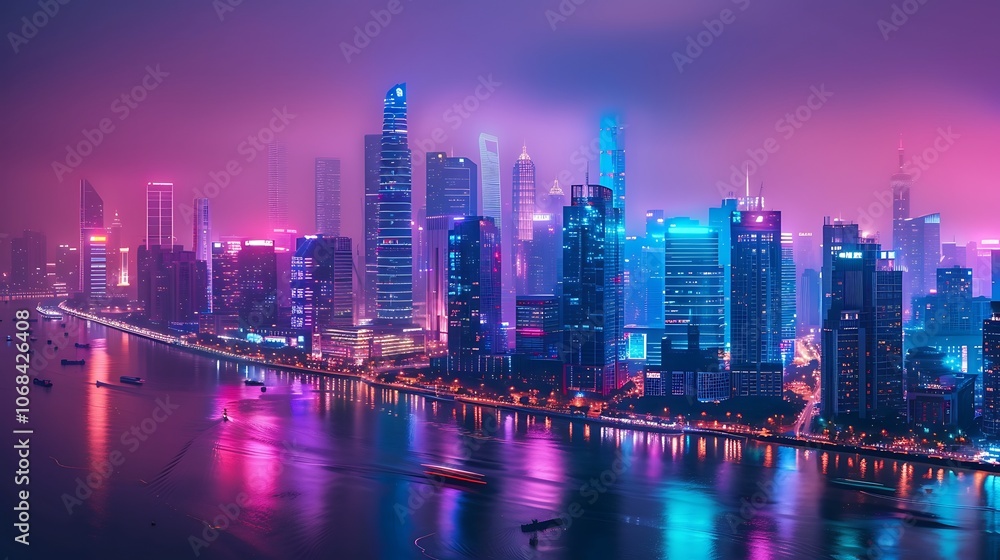 Fototapeta premium City lights reflecting off river at night. Skyscrapers in background.