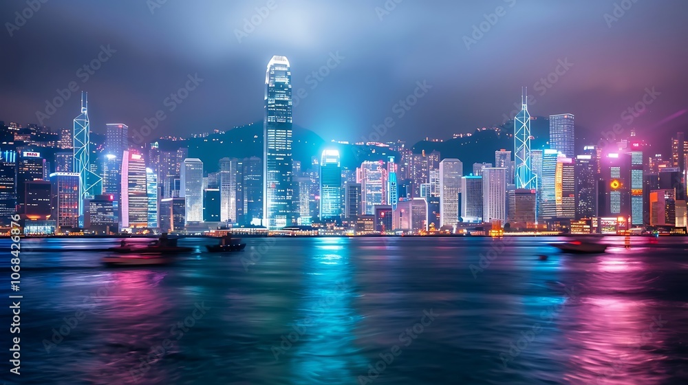 Fototapeta premium A stunning view of a modern city at night. The city is full of skyscrapers and lights, and the river in the foreground reflects the city's beauty.