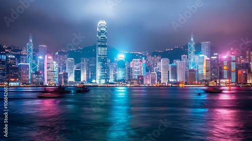 Wallpaper Mural A stunning view of a modern city at night. The city is full of skyscrapers and lights, and the river in the foreground reflects the city's beauty. Torontodigital.ca
