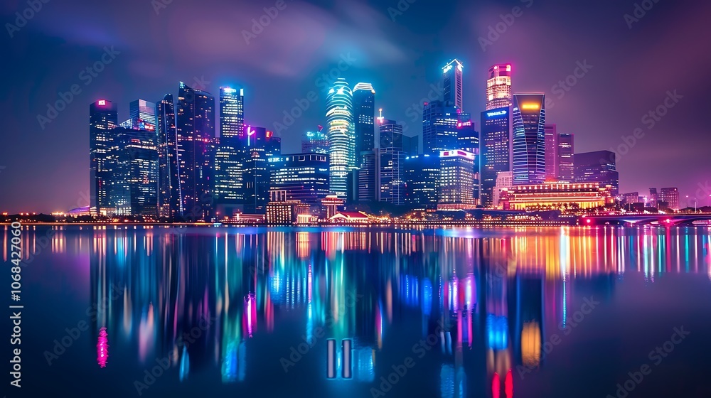 Naklejka premium Cityscape of a modern city with skyscrapers and lights reflecting in the water below.