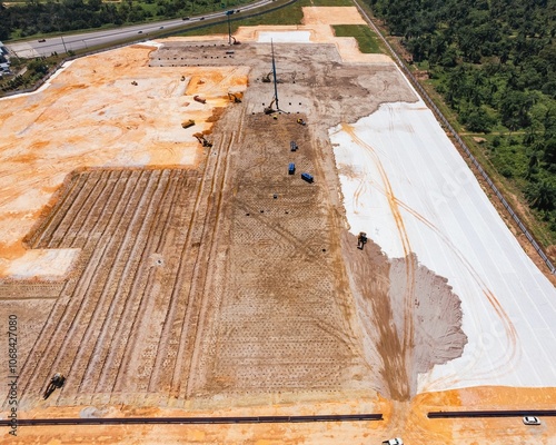 Schilderij op canvas An aerial photograph of a sizable construction site featuring vehicles and earth