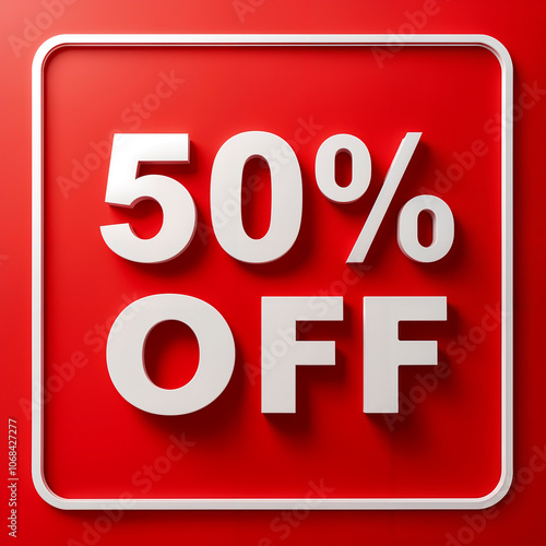 3d 50% off red banner. Sale. Inscription. Discount