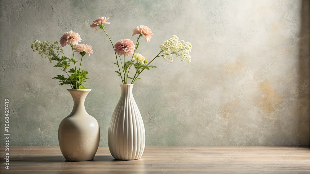 Chic minimalist flowers in elegant vases adorn a tabletop, adding a touch of refinement to modern home decor. Simple yet stunning, they elevate any room.