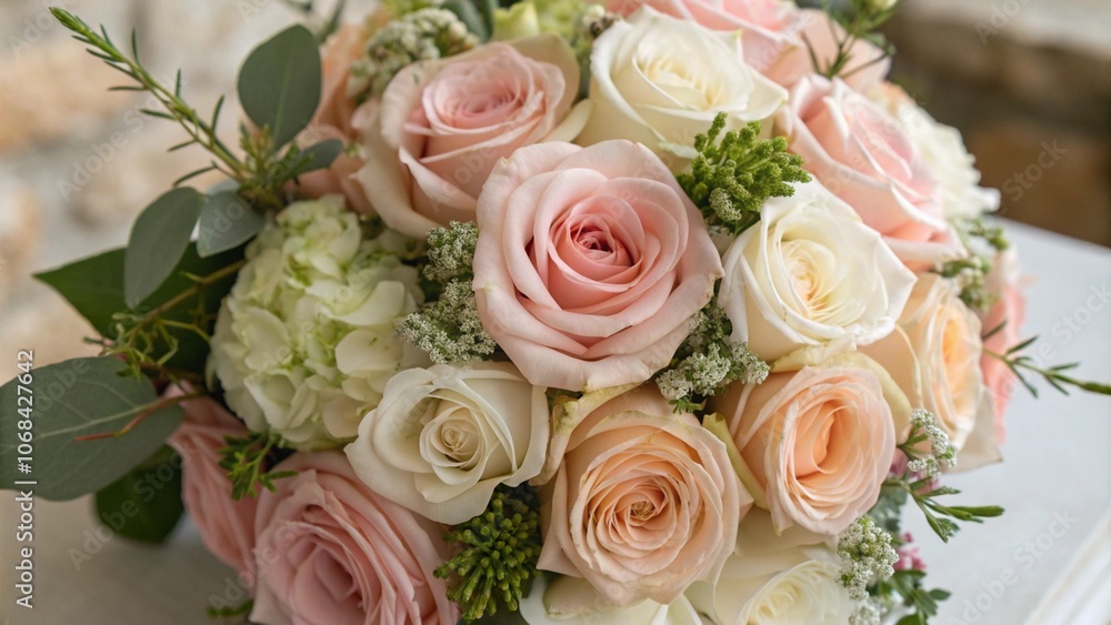 Obraz premium Elegant bridal bouquet featuring soft pink and white roses with eucalyptus leaves, resting on a stone surface, evoking a romantic and natural ambiance, ideal for outdoor weddings and bridal photograph