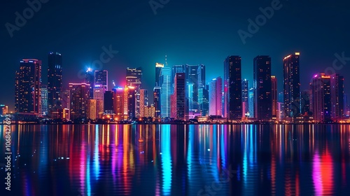 City lights reflecting off the water at night. The vibrant colors of the city lights create a beautiful and lively scene.