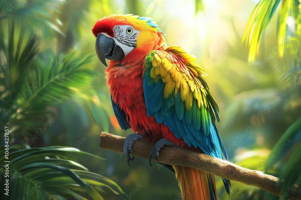 Obraz premium Vibrant Majestic Macaw: A Stunning Display of Nature's Colors Amidst Lush Tropical Foliage