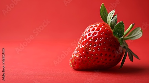 A close-up image of a fresh, ripe strawberry on a red background. The strawberry is perfectly ripe, with a deep red color and glossy sheen. photo