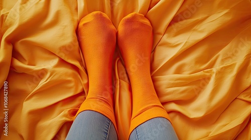 Womans feet clad in orange socks rest on a paper sheet, highlighting the vibrant color of the orange socks against the soft backdrop, perfect for creative compositions and layouts. photo