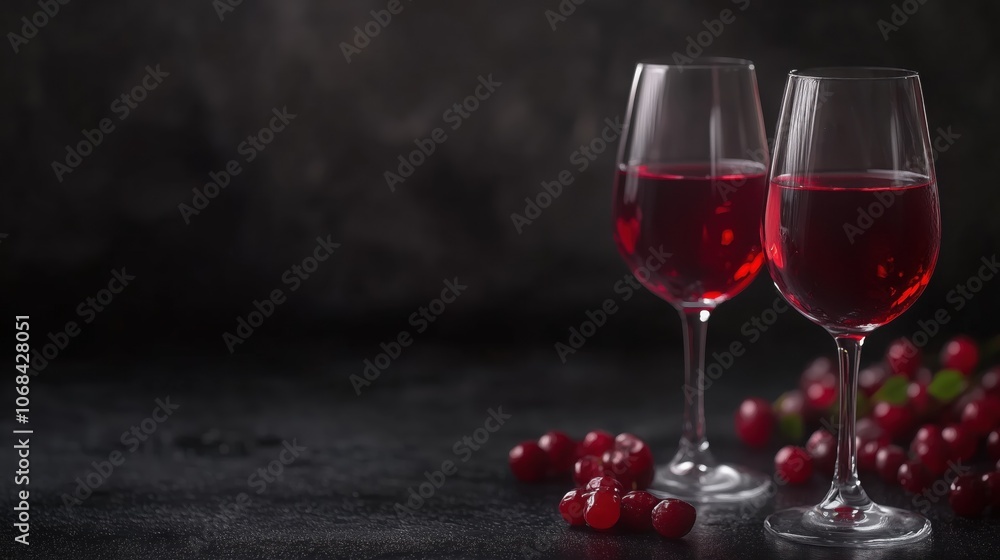Two glasses of red wine on dark background. Glass positioned in side of image, background comes with blank space Two glasses of red wine on dark background. Glass positioned in side of image, background comes with blank space