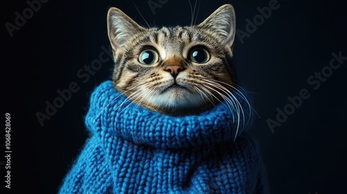 Wallpaper Mural Smiling feline dressed in a blue stuffed sweater, with wide eyes that radiate warmth and charm. Perfect photo style with ample copy space for your creative needs. Torontodigital.ca