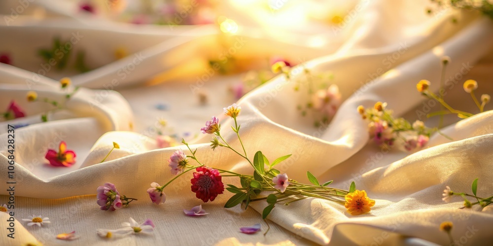Charming low light imagery showcases white cloth intertwined with graceful flowers, ideal for enhancing the sophistication of your home décor style. Charming low light imagery showcases white cloth intertwined with graceful flowers, ideal for enhancing the sophistication of your home décor style.