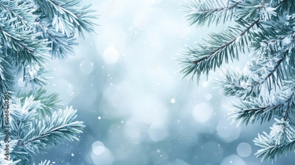 Pine branch adorned with frost creates a stunning winter nature background, emphasizing the beauty of frozen greenery. Ideal for capturing the essence of a winter landscape, with ample copy space. Pine branch adorned with frost creates a stunning winter nature background, emphasizing the beauty of frozen greenery. Ideal for capturing the essence of a winter landscape, with ample copy space.