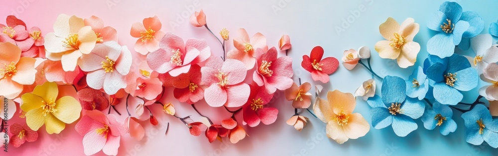 An array of delicate paper flowers in soft shades of pink, blue, and yellow is displayed against a gradient backdrop, highlighting an elegant design perfect for decoration An array of delicate paper flowers in soft shades of pink, blue, and yellow is displayed against a gradient backdrop, highlighting an elegant design perfect for decoration