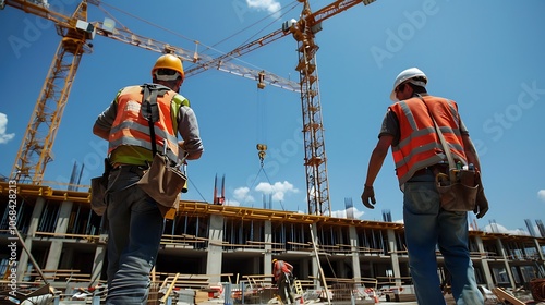 Two construction workers wearing hard hats and safety vests are standing at a construction site. They are looking at the progress of the building. photo