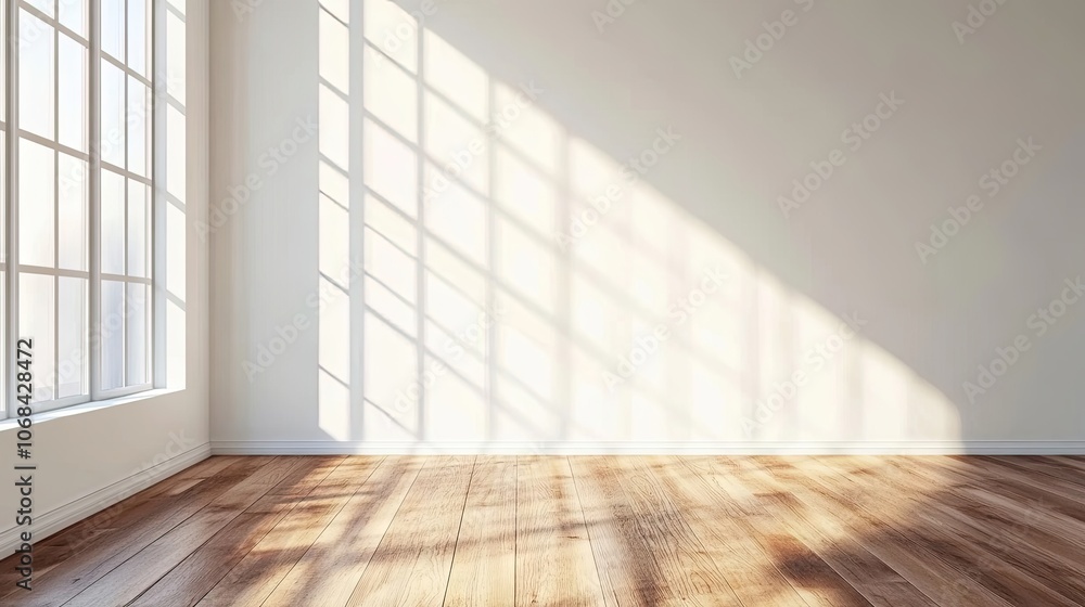 Bright, empty white room complemented by a wooden floor and natural light streaming in from the window, ideal for banner design with ample copy space. Bright, empty white room complemented by a wooden floor and natural light streaming in from the window, ideal for banner design with ample copy space.