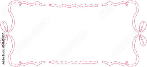 Coquette pink frame ribbon lace bow, pink wavy border y2k retro Aesthetic feminine decor. Ruffled ribbon. Doodle hand drawn