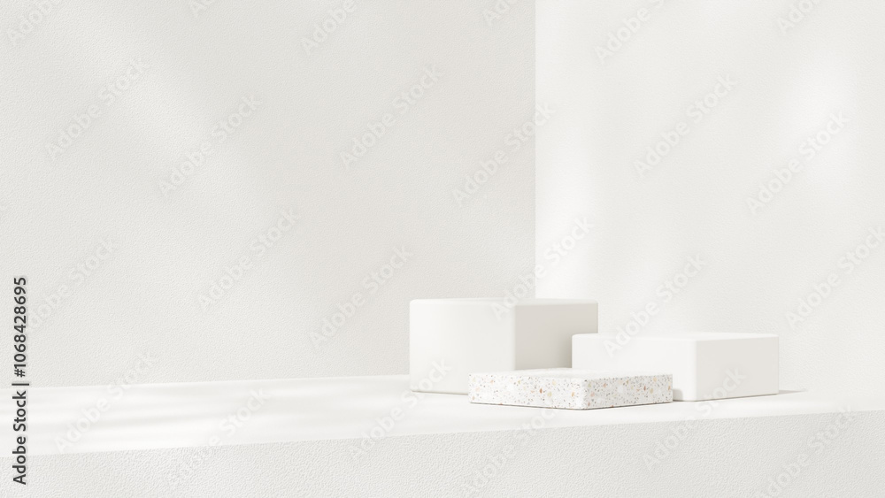 Background featuring an empty product display mockup with a white backdrop and abstract geometric platforms designed for showcasing merchandise in landscape orientation. Background featuring an empty product display mockup with a white backdrop and abstract geometric platforms designed for showcasing merchandise in landscape orientation.
